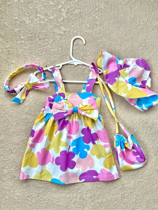 Amazon Other - Baby Girls 3-6 Floral Bow Summer Dress, Hat & Accessories - Pink Yellow Blue